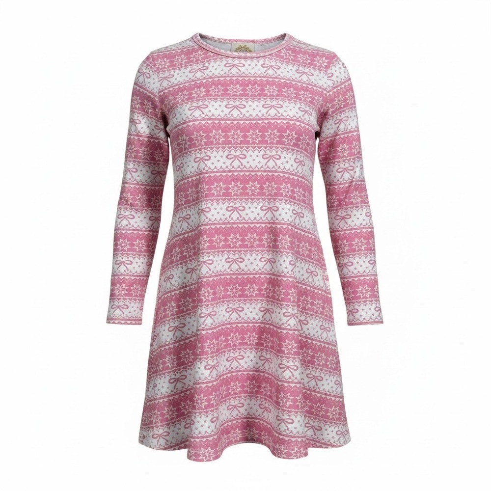 The Beaufort Bonnet Company Girls Pink Fair Isle Bow‎ Snowflake Dress 14